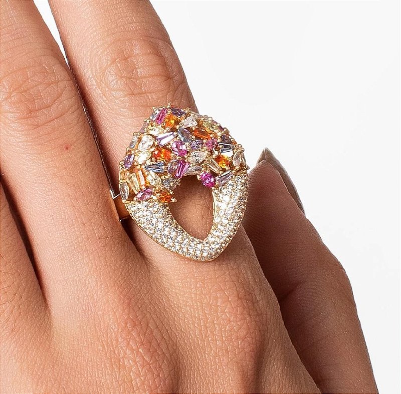 Conjunto Glamour Colors Brinco mais Anel - Todo Cravejado - Semijoia Banhada Ouro 18k