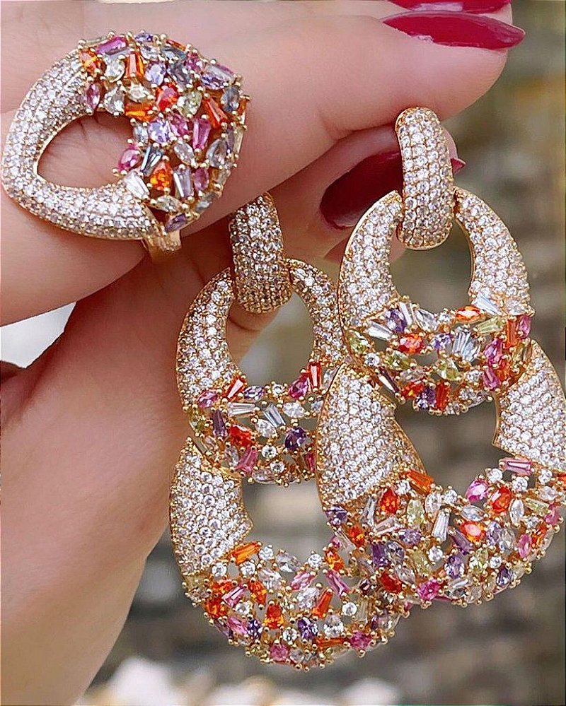 Conjunto Glamour Colors Brinco mais Anel - Todo Cravejado - Semijoia Banhada Ouro 18k