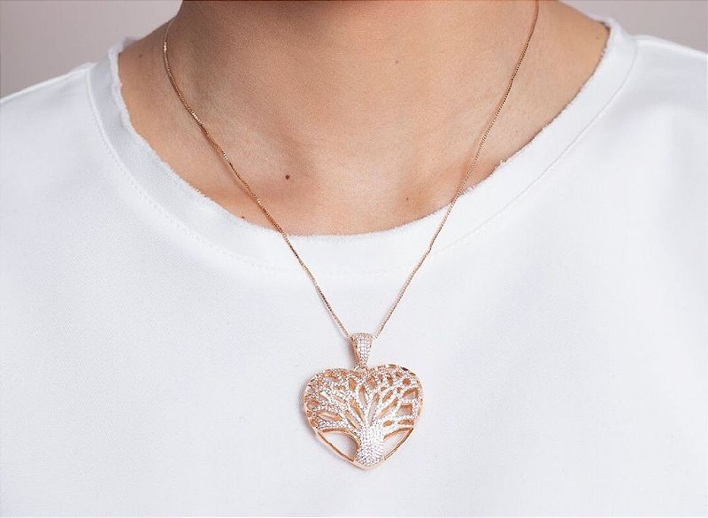 Colar Arvore Da Vida Cravejado em Zircônias Cristal Formato de Coração - Banhado a ouro 18K - Semijoias