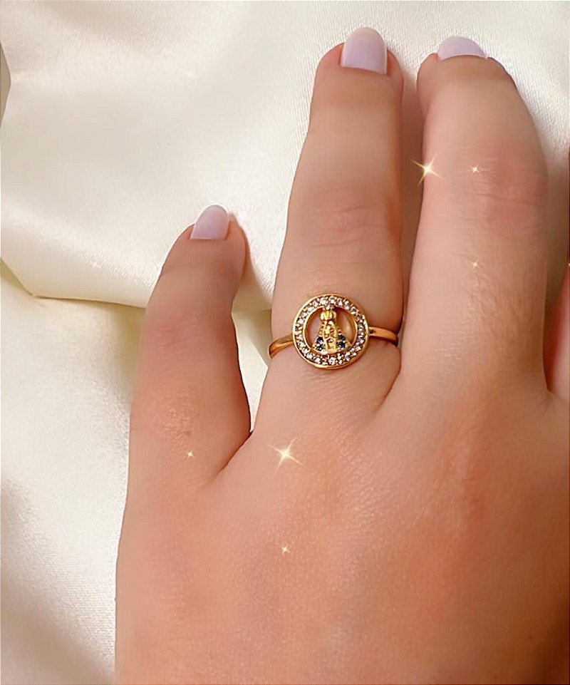 Anel Religioso Nossa Senhora Cravejado Elegante Delicado- Banhado a Ouro 18k - Semijoia