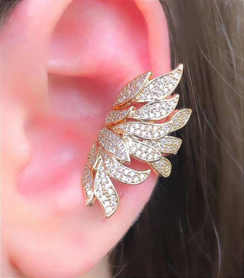 Piercing Fake Asas Grande Todo Cravejado - Banhada a Ouro 18K - Semijoia