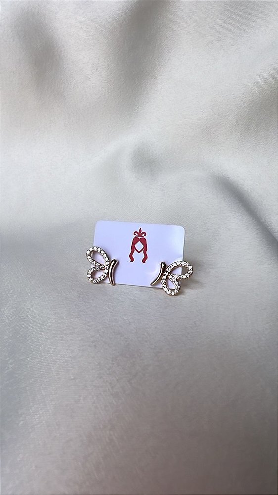 Brinco Borboleta Micro zircônias Cravejado Pequeno- Semijoia Banhada no Ouro 18K