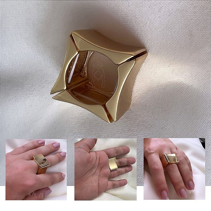 Anel Quadrado Ajustável/Regulavel - Banhado a Ouro 18k - Semijoia
