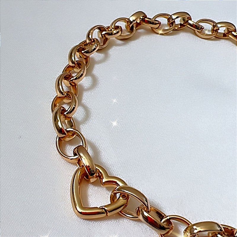 Pulseira Elo Médio Fecho Coração  - Semijoia Banhada a Ouro 18k