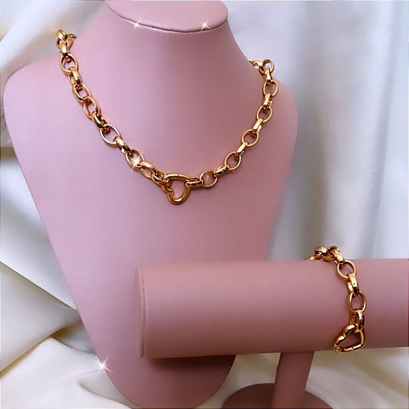 Pulseira Elo Médio Fecho Coração  - Semijoia Banhada a Ouro 18k