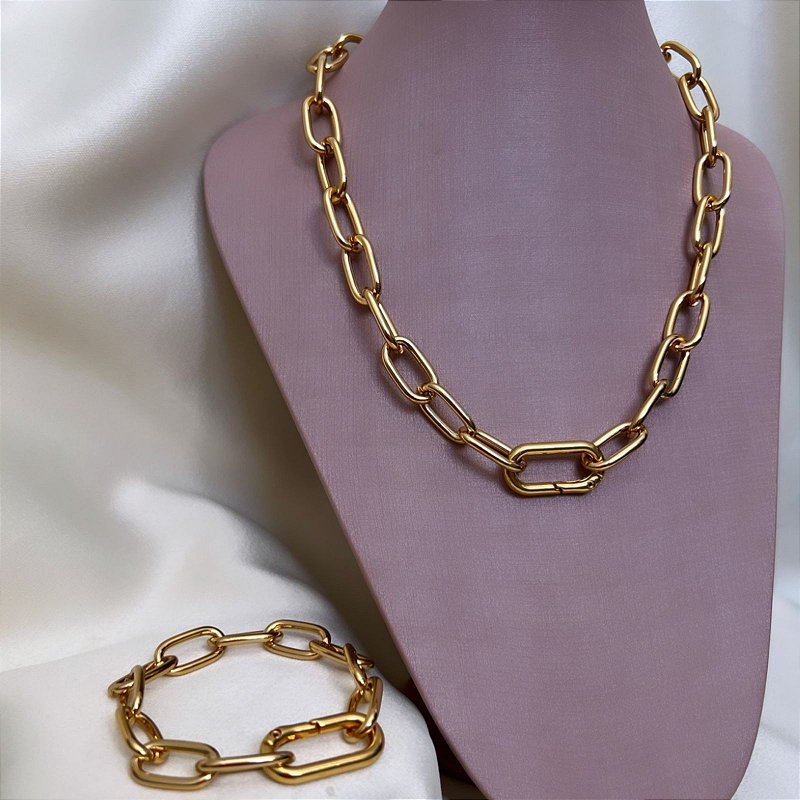 Pulseira Elo Médio Oval Fecho Com Elo - Semijoia Banhada a Ouro 18k