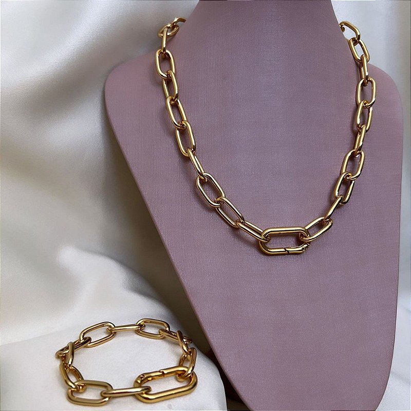 Pulseira Elo Médio Oval Fecho Com Elo - Semijoia Banhada a Ouro 18k