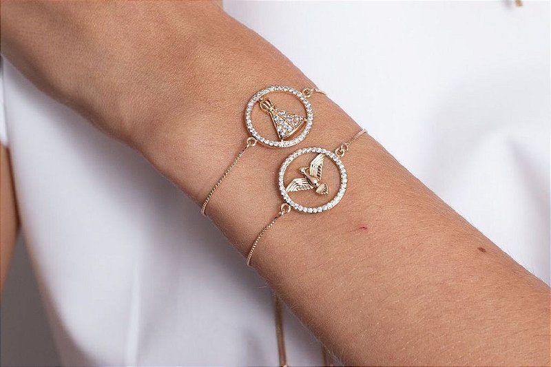 Pulseira Nossa Senhora/ Espírito Santo Cravejada Fecho Gravata Semijoia- Banhada Ouro 18K