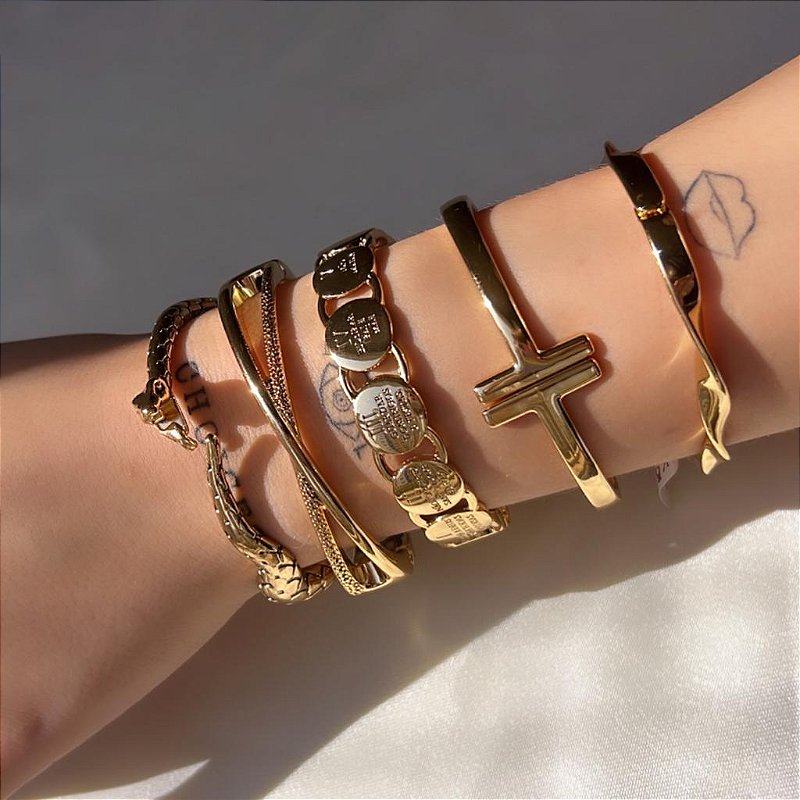 Braceletes Lisos e Trabalhados/ Pulseiras - Semijoias Banhada a Ouro 18K