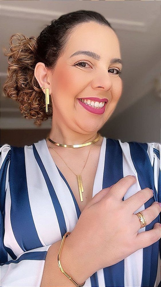 Conjunto Dois Palitos - Colar -  Brinco - Gravatinha Ajustável - Semijoia Banhada a Ouro 18K