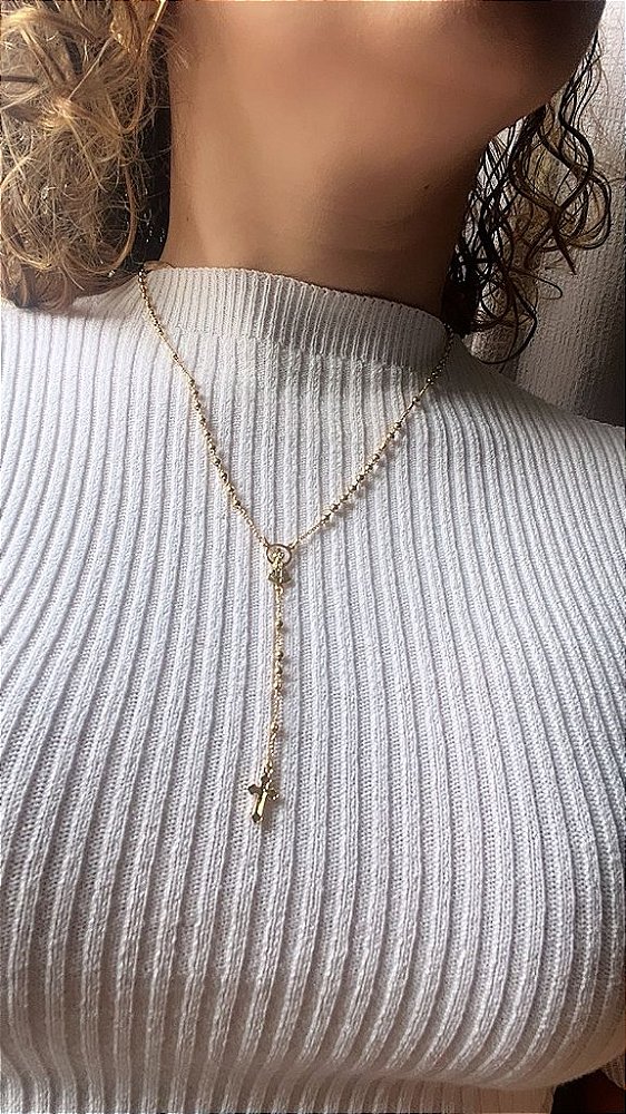 Colar Terço Nossa Senhora e Cruz Delicado- Banhado em Ouro 18K