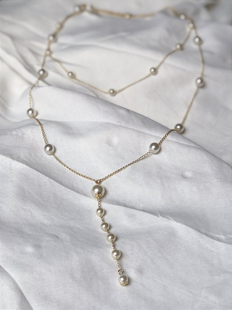Colar Perolas Duas Voltas  Chocker e Longo - Semijoia - Ouro 18K