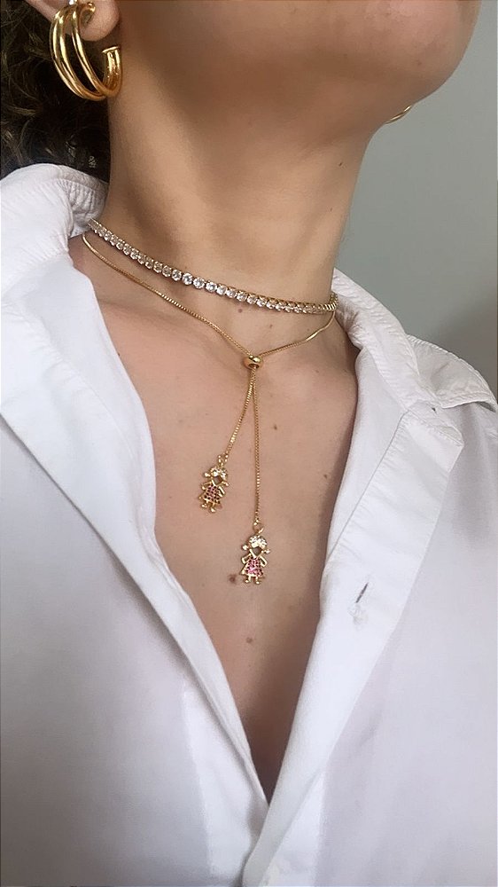 Colar Duas Filhas / Duas Meninas / Cravejado / Gravata / Pingente- Semijoia Banhada a Ouro 18k