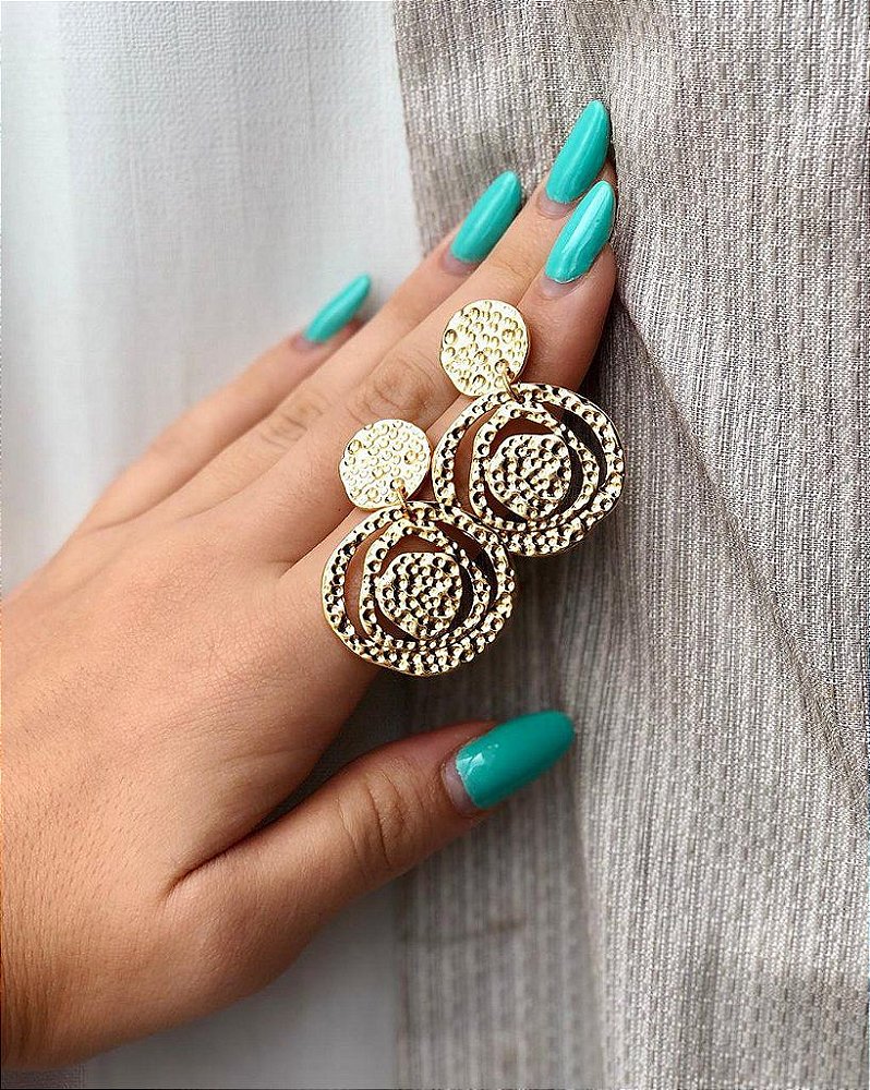 Conjunto Circulos Vazados Martelados - Brinco, Colar e Pulseira - Semijoia Banhada Ouro 18K