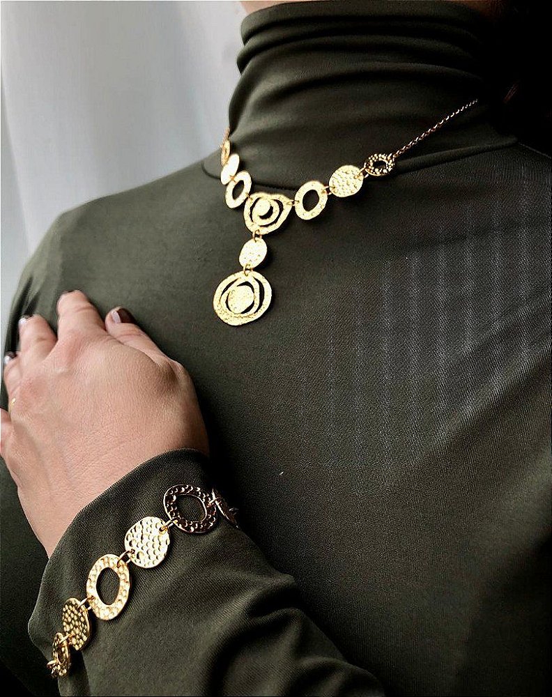 Conjunto Circulos Vazados Martelados - Brinco, Colar e Pulseira - Semijoia Banhada Ouro 18K