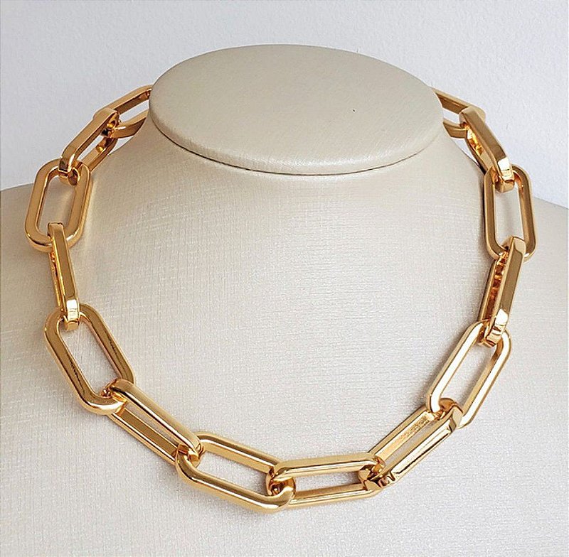 Colar Elo Grande Retangular - Chocker Correntaria  - Semijoia Banhada Ouro 18 K