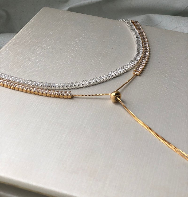 Colar Riviera Gravatinha Ajustavel Cravejado em Zircônias Baguetes Cristal Chocker - Banho Prata 925 ou Banhado a ouro 18K - Semijoias