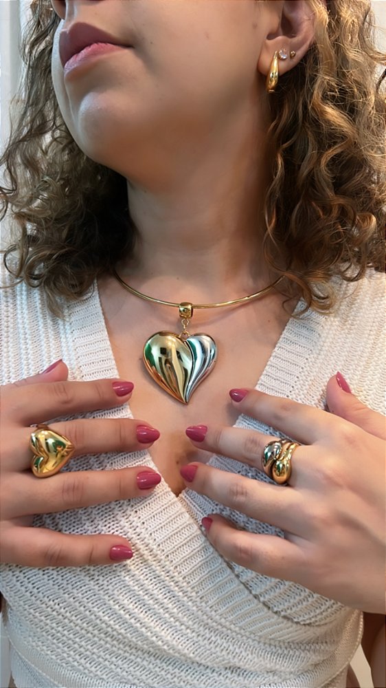 Colar Aro Com Pingente Coração Duo Abaulado Gargantilha/ Chocker - Mix de Banhos- Semijoia Banhada Ouro 18 K