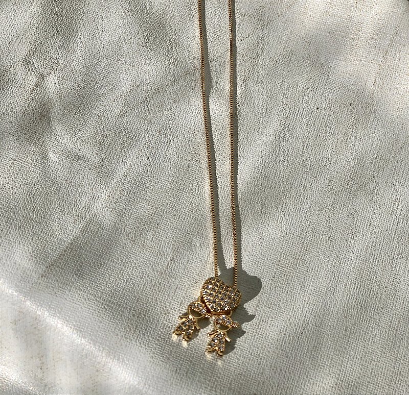 Colar Filhos de Coração e Dois Meninos Todo Cravejado - Semijoia Banhada a Ouro 18k