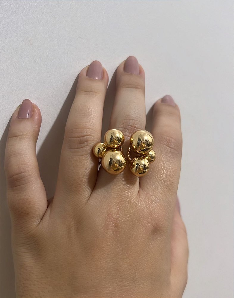 Anel Bia de 6 Bolas/ Esferas - Ajustável- Semijoia Banhada a Ouro 18K