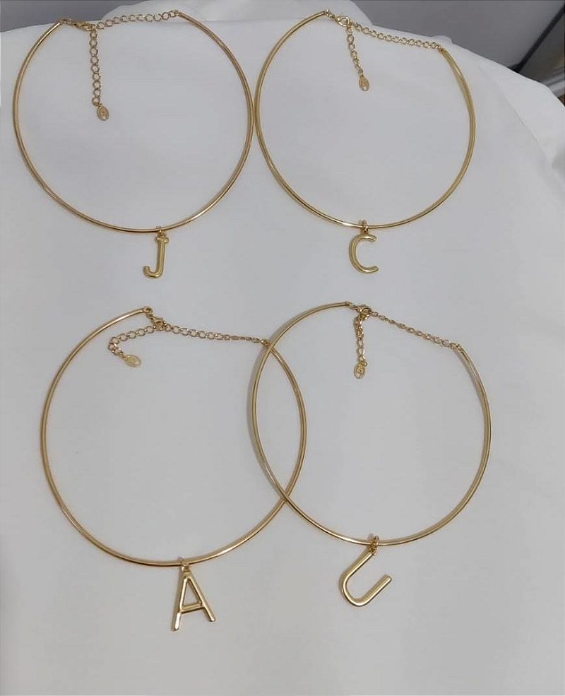 Colar Aro Letra Personalizado - Choker Personalizada Com Inicial - Semijoia Banhada a Ouro 18k
