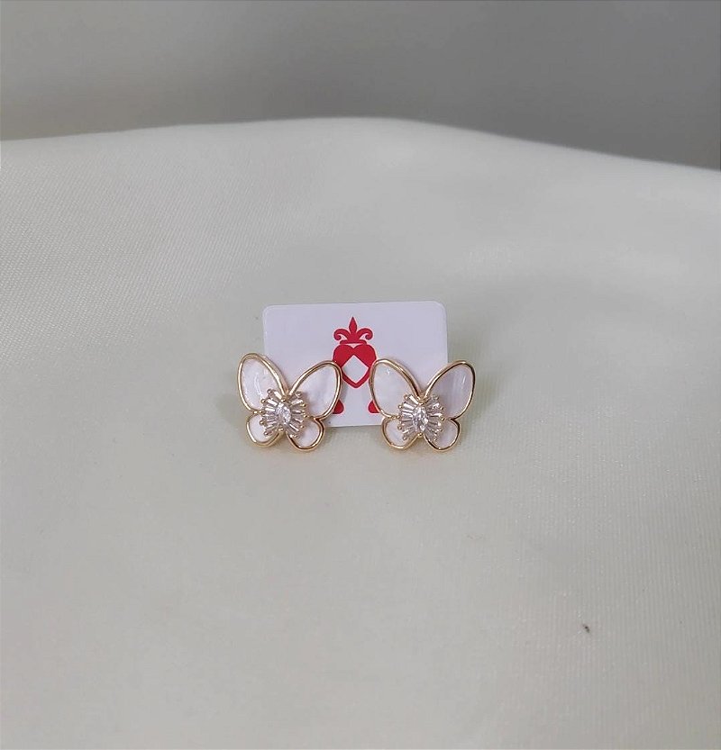Brinco Borboleta Encanto - Pequeno de Madriperola e Zircônia - Semijoia Banhada Ouro 18K