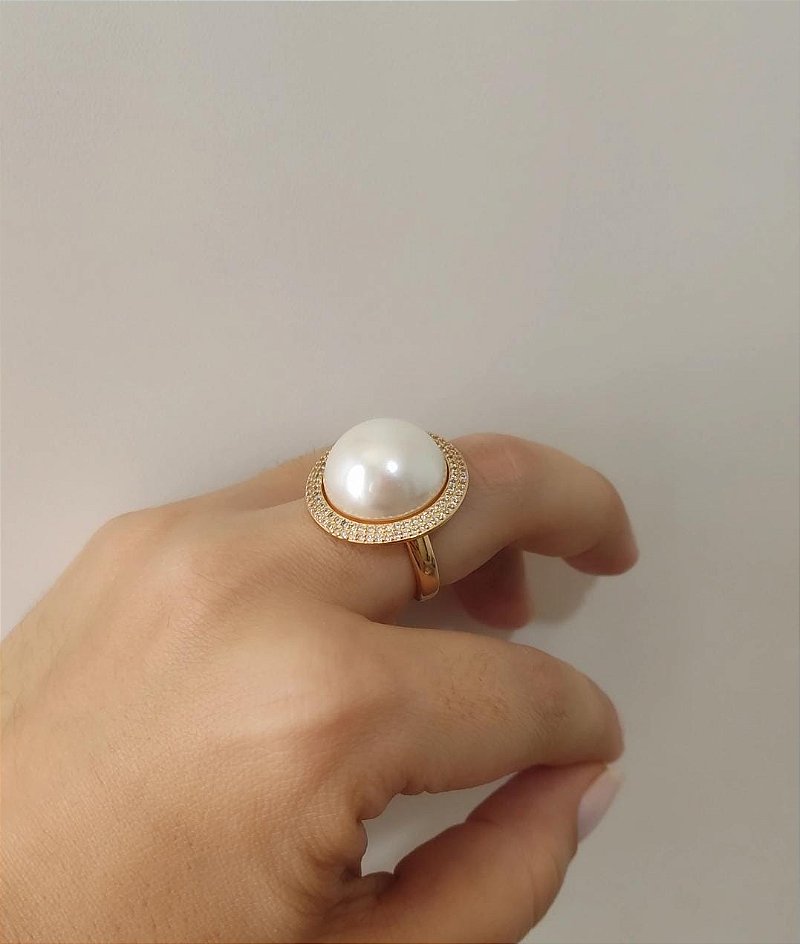Conjunto Meia Perola Luxuoso Com Zircônias Cristais - Semijoia Banhado a Ouro 18k