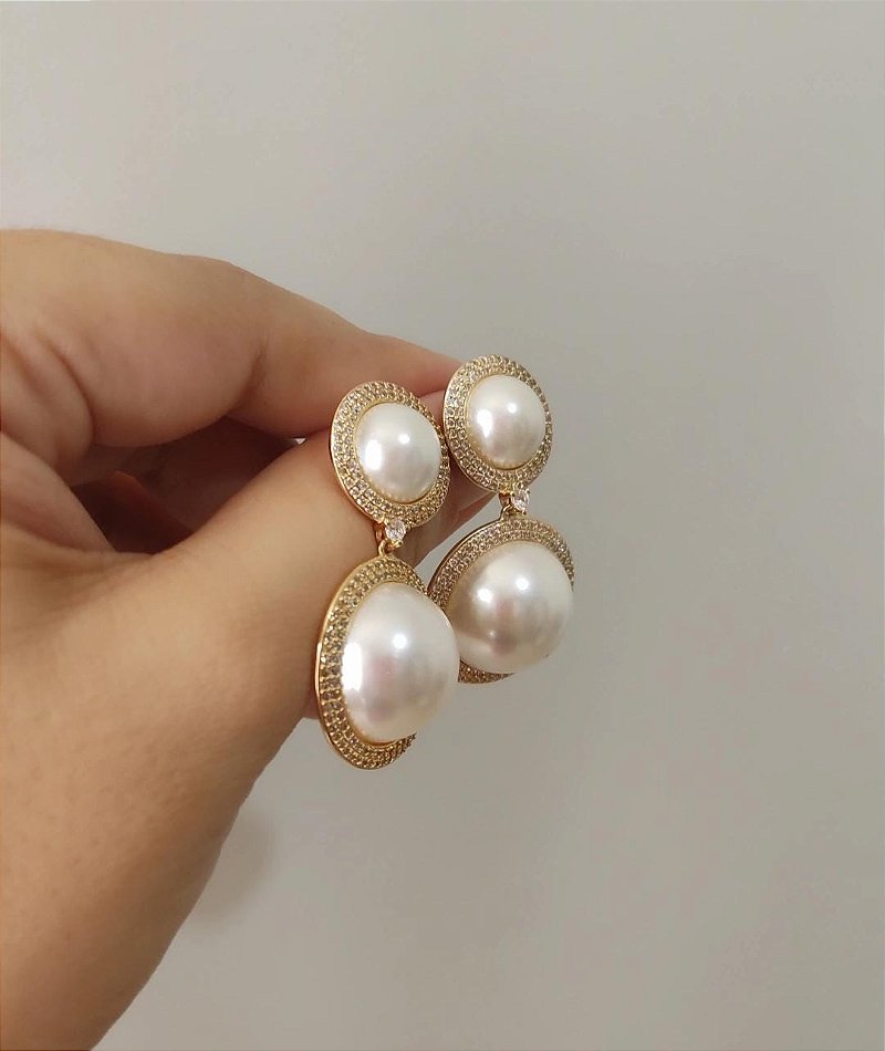 Conjunto Meia Perola Luxuoso Com Zircônias Cristais - Semijoia Banhado a Ouro 18k