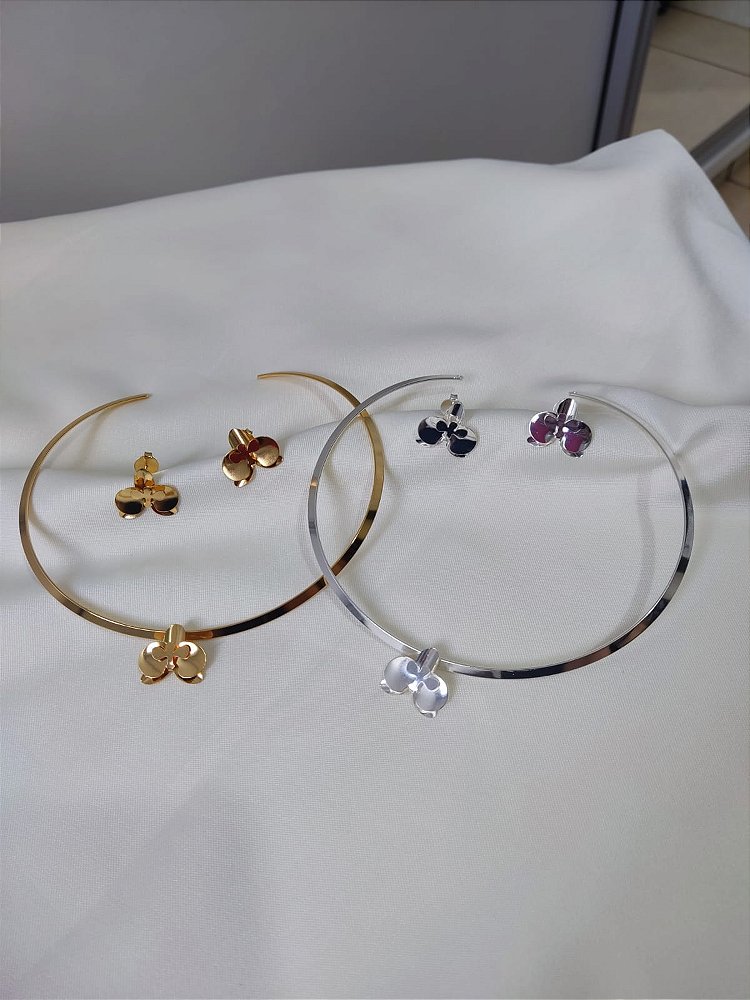 Conjunto de Orquídea P - Mini no Aro Fino 3mm - Semijoia Banhada a Ouro 18K em Prata 925