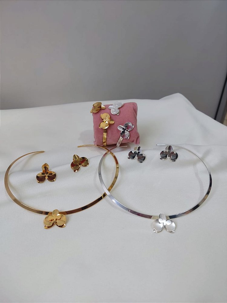 Conjunto de Orquídea P - Mini no Aro Fino 3mm - Semijoia Banhada a Ouro 18K em Prata 925