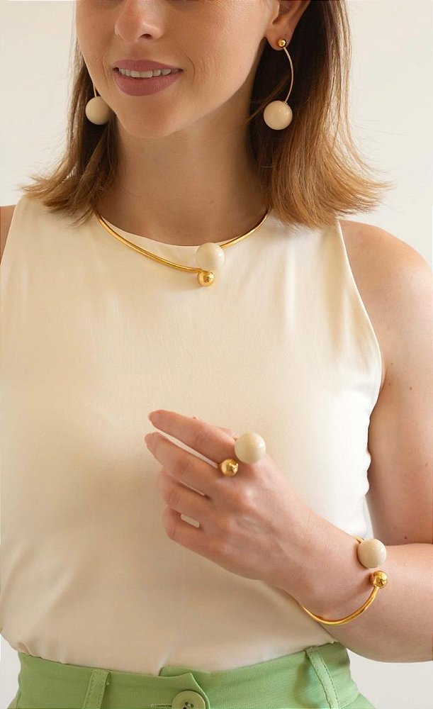 Bracelete Esfera Harmony Off White, Verde ou Marrom -Elegância Minimalista -Semijoia Banhado a Ouro 18k