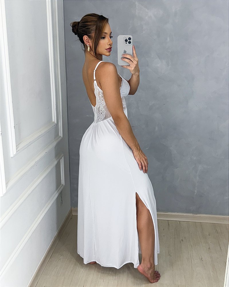 Camisola Longa Seduction - Malha Fria com Renda e Fendas Laterais