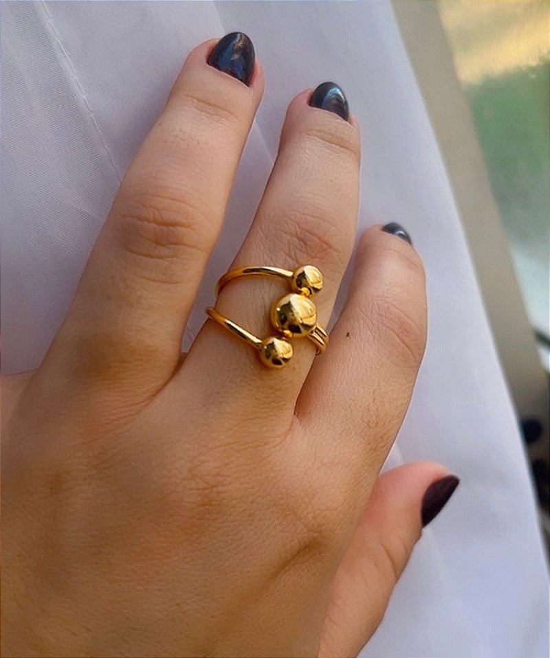 Anel Ajustável 3 Bolas Dourado – Elegante e Minimalista - Semijoia Banhada em Ouro 18K