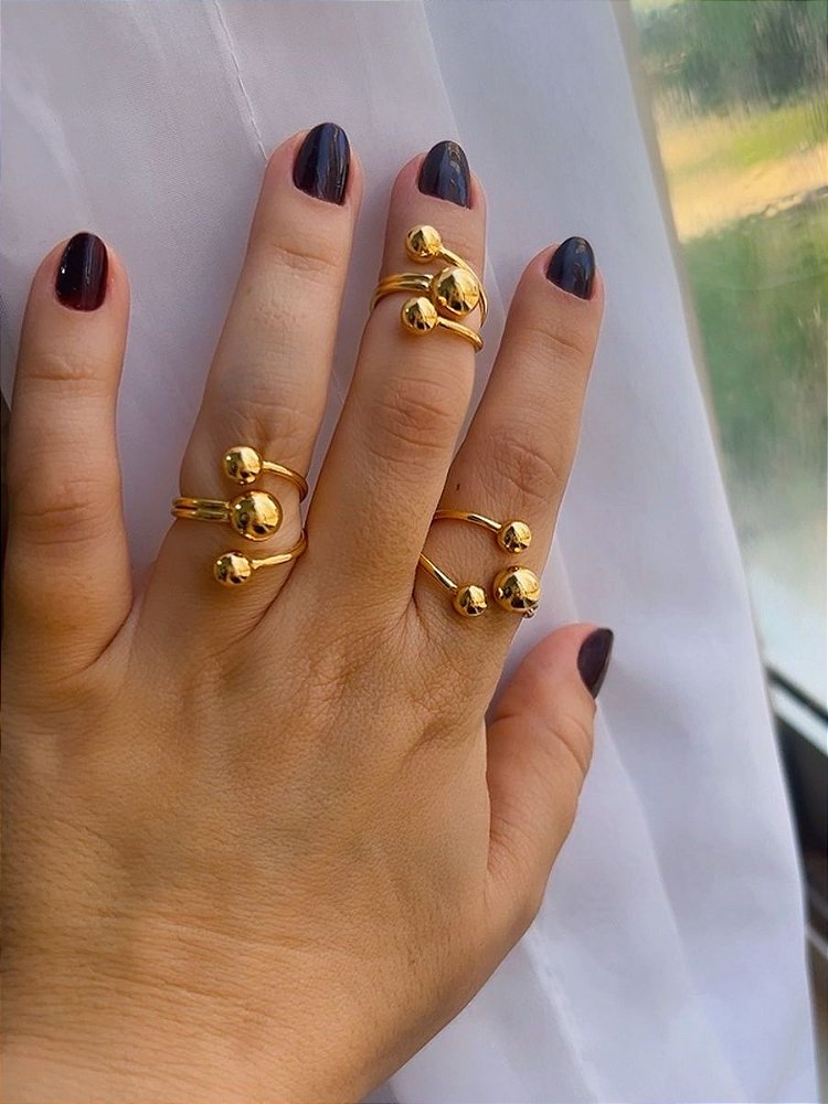 Anel Ajustável 3 Bolas Dourado – Elegante e Minimalista - Semijoia Banhada em Ouro 18K