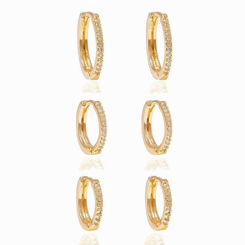 Trio de Argolinhas Finas Cravejadas- Delicadas – Semijoia banhada a Ouro 18K