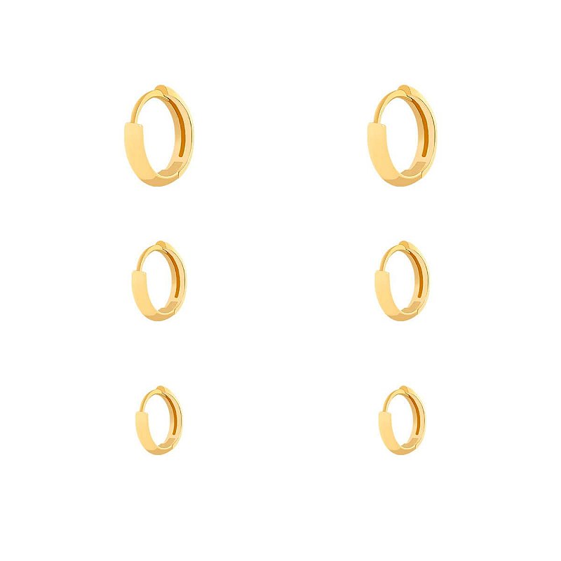 Brinco Kit Trio de Brincos de Argolinhas Lisas Finas - Semijoia Banhada a Ouro 18K