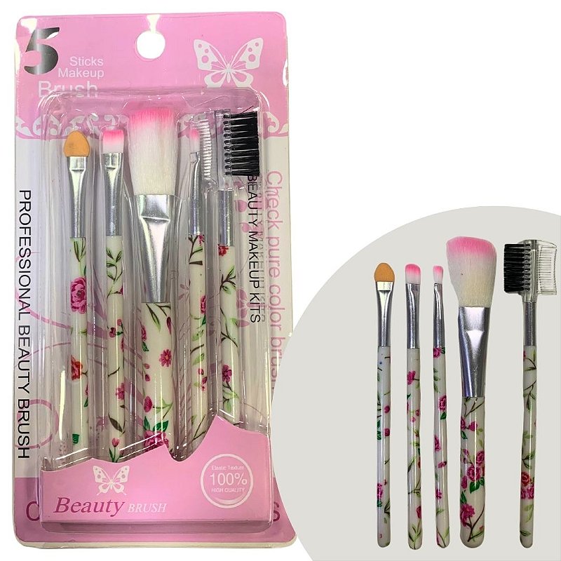 Kit com 05 Pincéis para Maquiagem Estampado Beauty Brush - Pcte c/ 12 unid