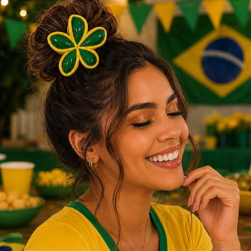 Presilha Para Cabelo Grande Verde e Amarelo Copa