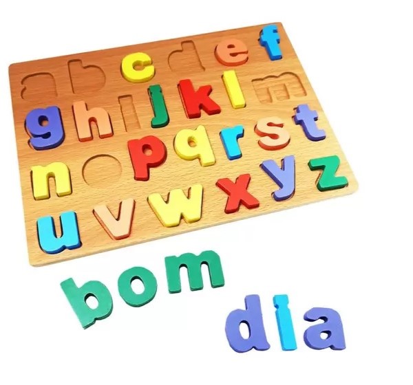 Encaixe Didático Divertido Alfabeto Minúsculo Madeira Cores