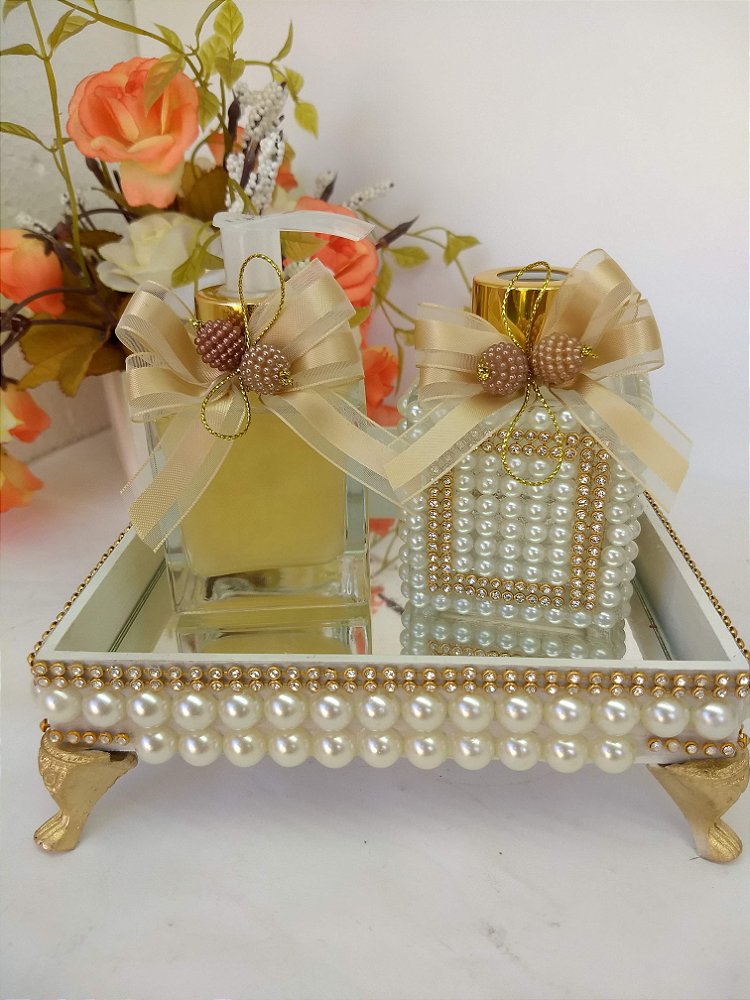Kit Lavabo Luxo Pérolas com Difusor, Sabonete Líquido e Bandeja