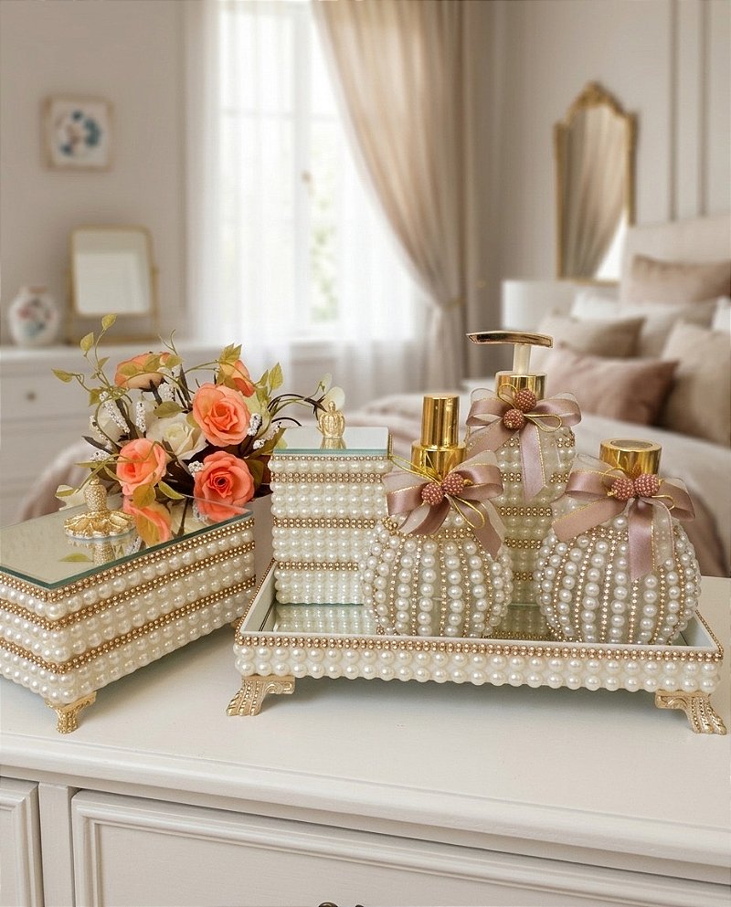 Kit Decorativo Luxo de Pérolas e Dourado com Bandeja, Difusor e Caixa