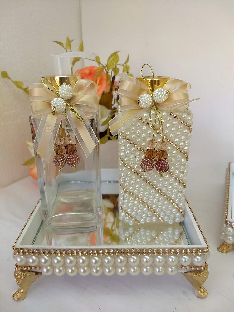 Kit Lavabo Decorado de Pérolas com Difusor e Sabonete Líquido 250ml