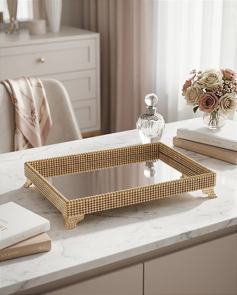 Kit Decorativo Banheiro Dourado com Bandeja, Saboneteira, Home Spray e Caixa