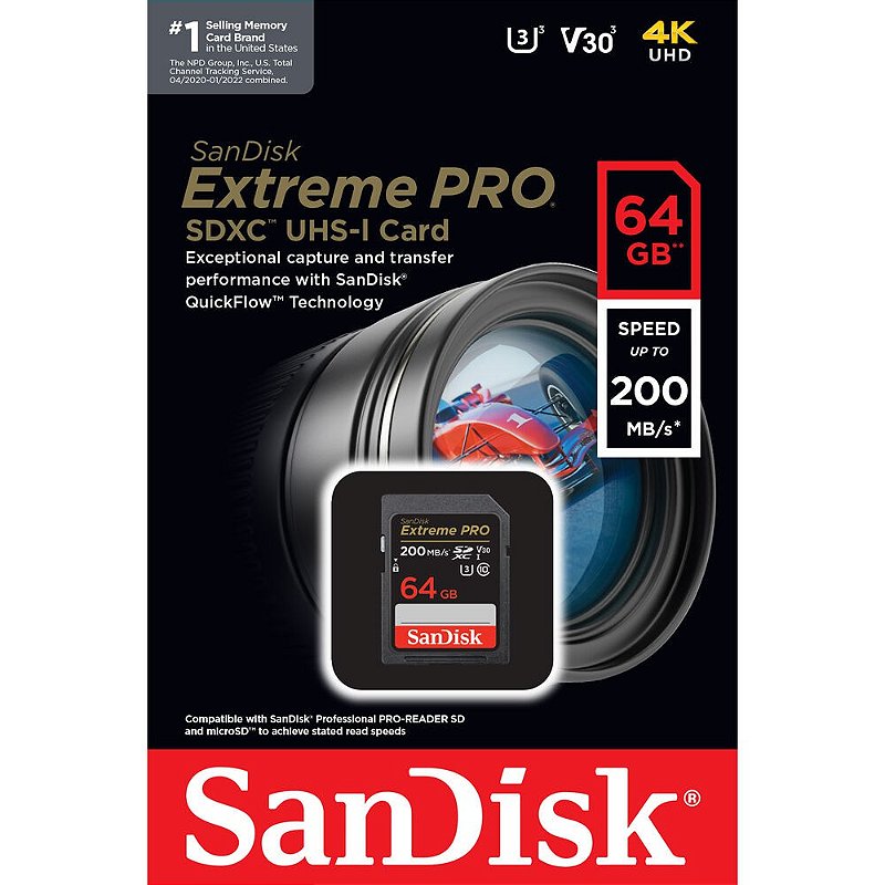 Cartão de Memória SanDisk EXTREME PRO SDXC UHS-I 64GB 200 MB/s V30