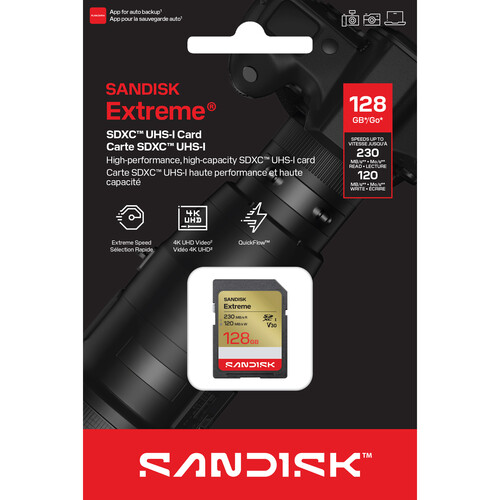 Cartão de Memória SanDisk 128GB Extreme UHS-I SDXC 230 MB/s V30