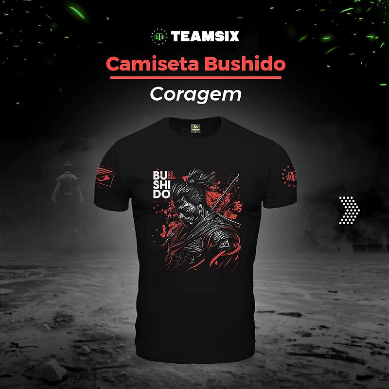 Camiseta Masculina 7 Princípios do Bushido Preta Coragem Team Six
