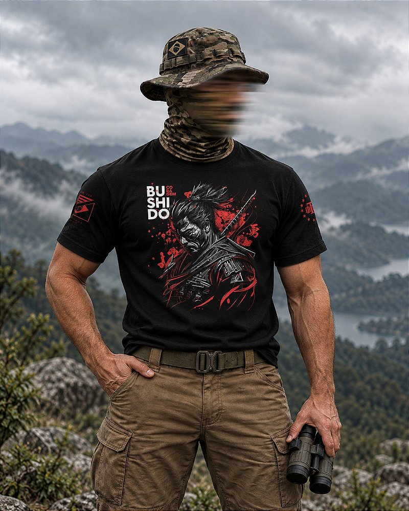 Camiseta Masculina 7 Princípios do Bushido Preta Coragem Team Six