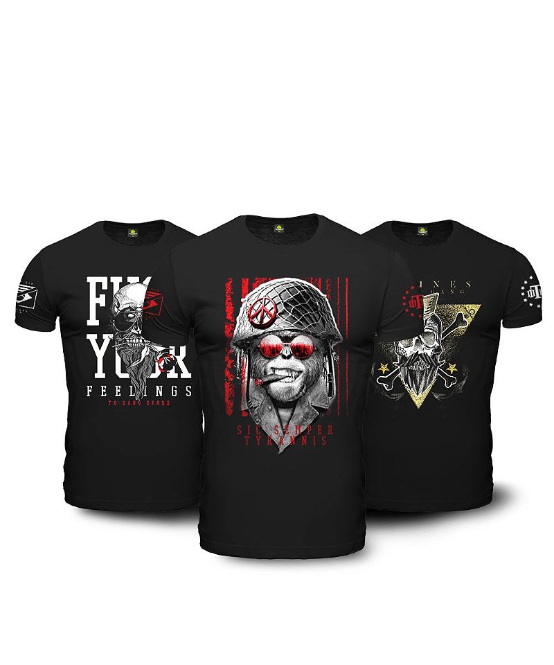 Kit 3 Camisetas Masculinas Pretas Beard Gang Team Six Brasil