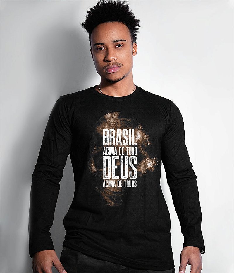 Camiseta Manga Longa Brasil Acima de Tudo Deus Acima de Todos Masculina Team Six Brasil