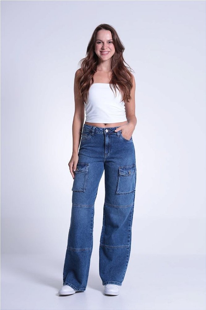 Calça Jeans Wide Leg Bolso Cargo Com Recorte Revanche